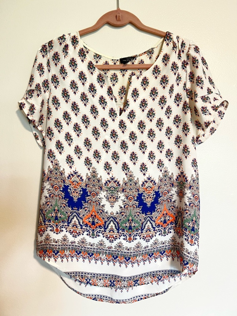 The Limited Cream Printed Short Sleeve Blouse with Blue & Orange Border